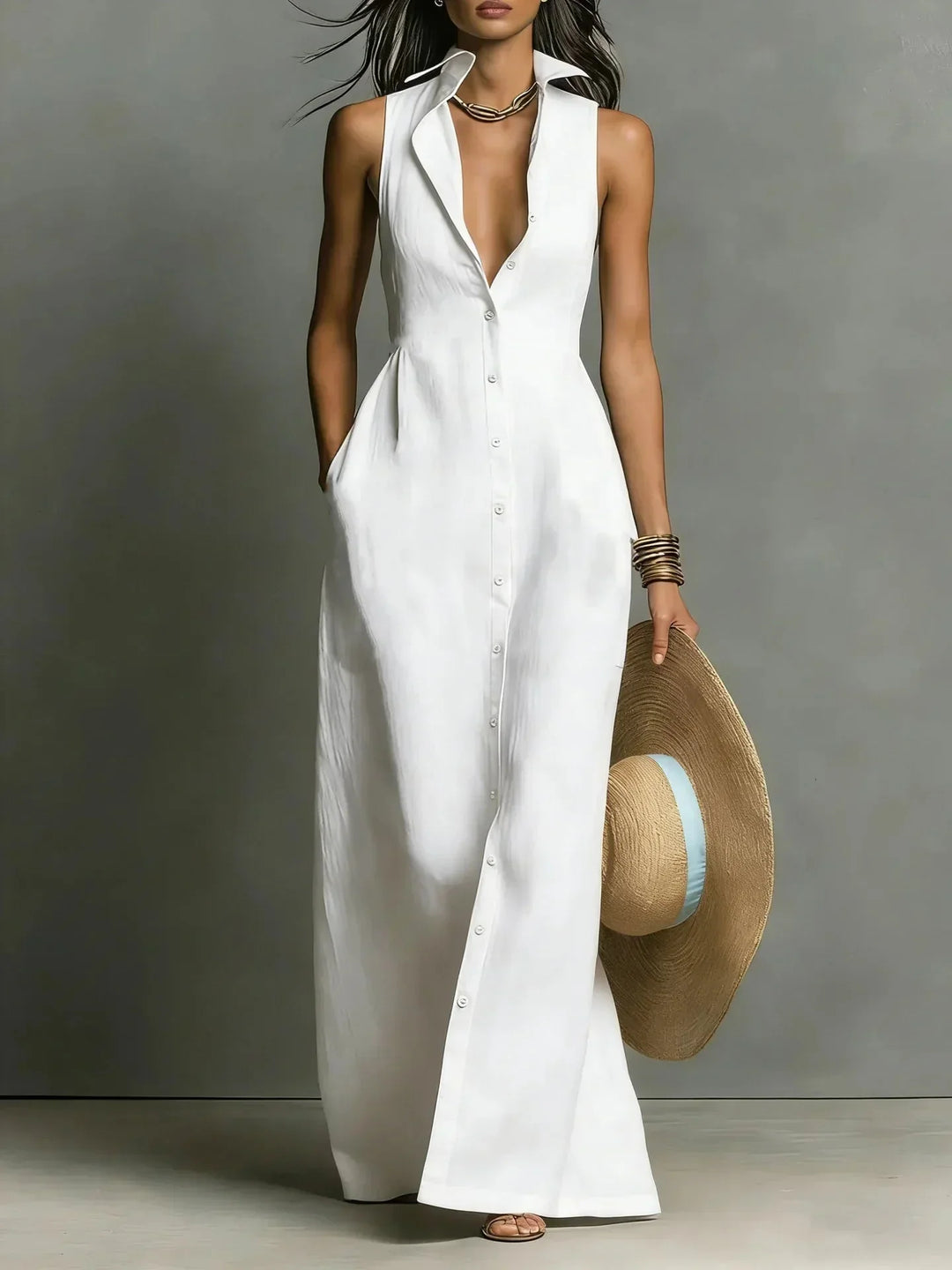 Versatile women's button-down sleeveless maxi dress. Collared v-neck design with convenient pockets.