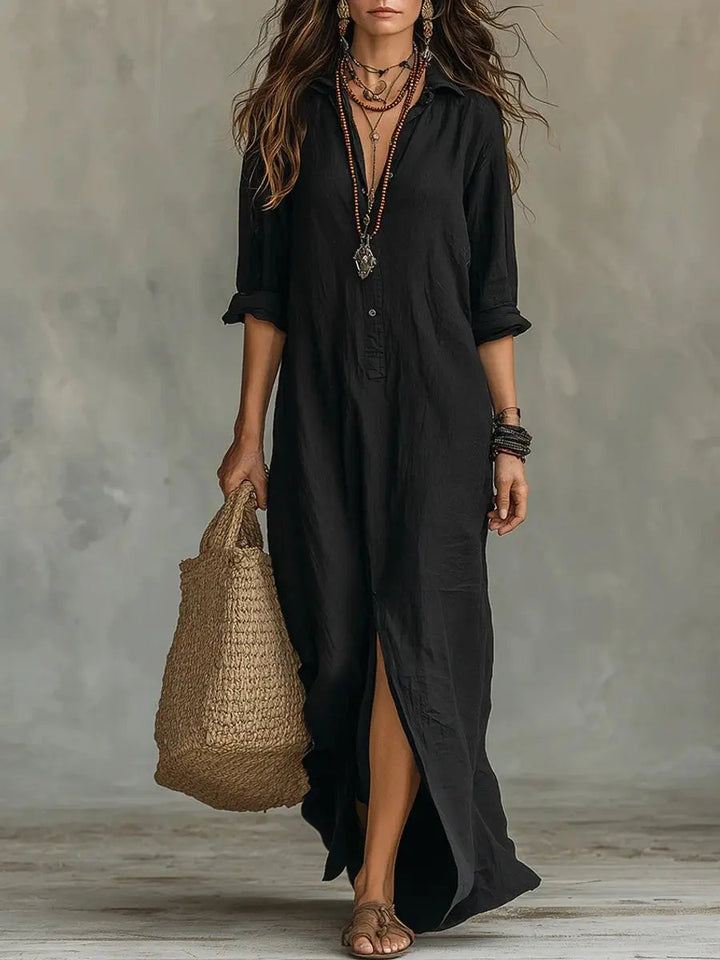 Bohemian button-down maxi dress for women, featuring long sleeves & a stylish collar. Versatile everyday fashion.