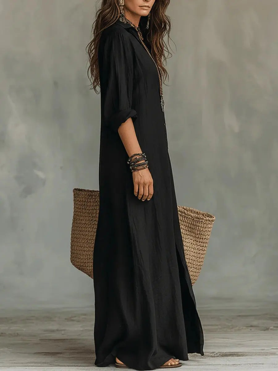 Relaxed fit long sleeve maxi dress for women, button-down style. Comfortable bohemian daywear & versatile fashion.