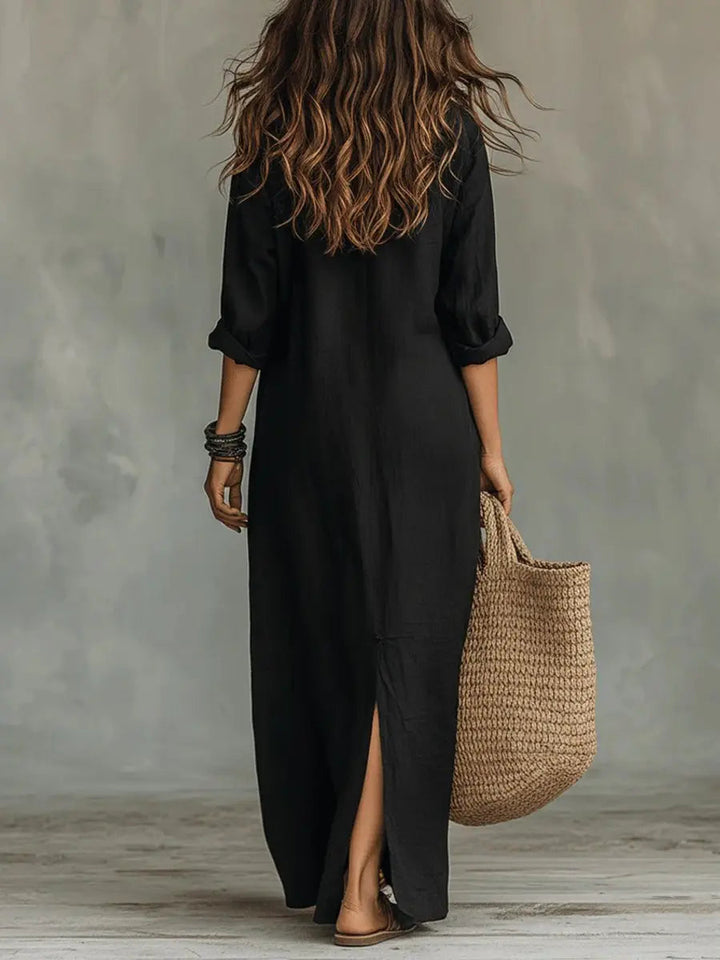 Casual long sleeve bohemian maxi dress for women. Button-down design, ideal for summer, everyday wear & modest fashion.