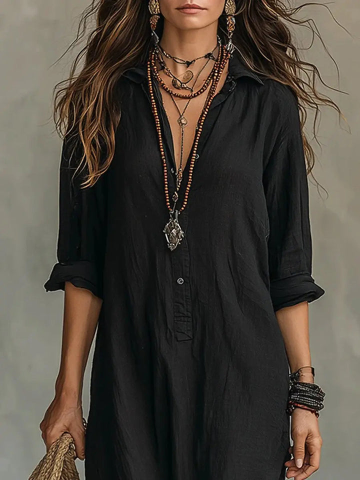 Flowy bohemian button-down maxi dress for women. Long sleeves, relaxed fit, elegant daywear. Casual & versatile style.