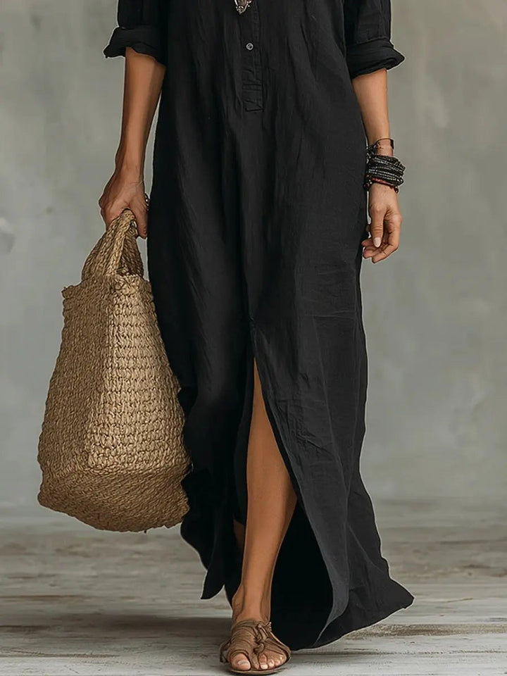 Elegant women's long sleeve button-down maxi dress in bohemian style. Relaxed fit, perfect for versatile everyday fashion.