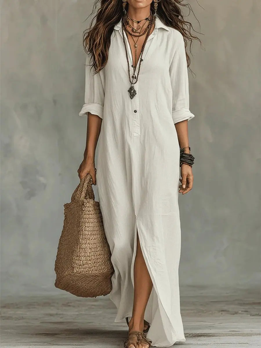 Women's relaxed fit bohemian maxi dress with long sleeves & button-down front. Perfect for elegant daywear or casual style.