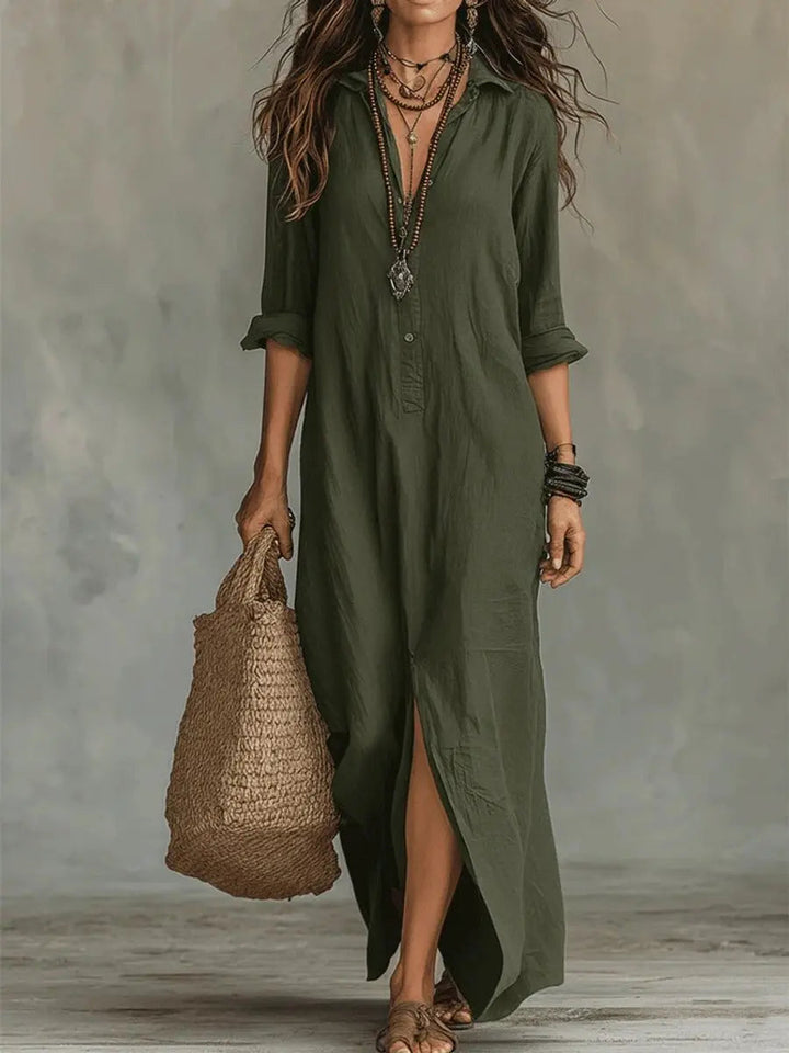 Modest women's long sleeve maxi dress. Relaxed fit, button-down front & bohemian style. Versatile for elegant daywear.