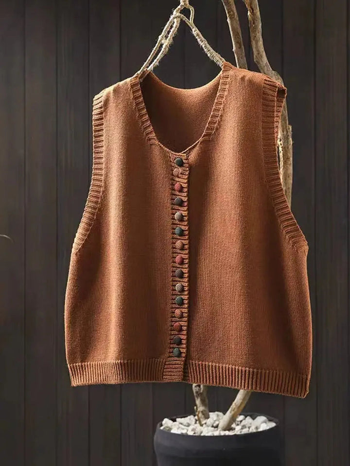 Women's casual button-up knitted sleeveless vest, relaxed fit with a round neck for versatile layering.