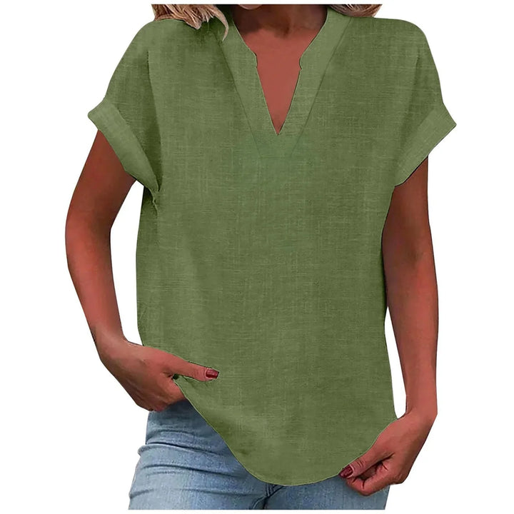 Comfortable and stylish women's V-neck blouse with cuffed sleeves, great for everyday fashion.