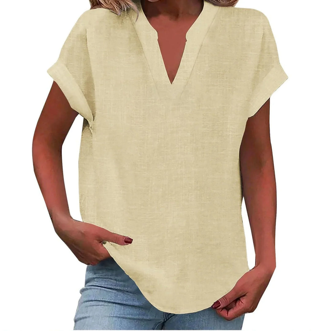 Soft-touch women's v-neck blouse with cuffed sleeves, offering effortless style for any occasion.