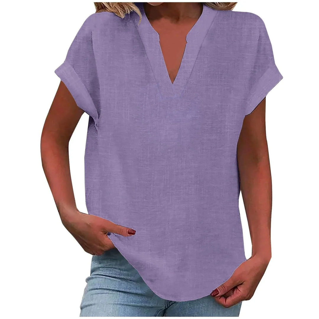 Women's Effortless V-Neck Blouse with Cuffed Sleeves for a relaxed, stylish look.