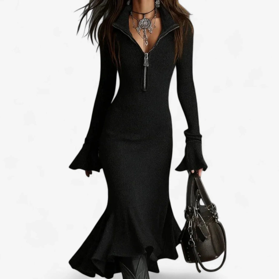 Modern elegant women's midi dress with a half-zip collar, stylish flared cuffs & flattering ruffle hem design.
