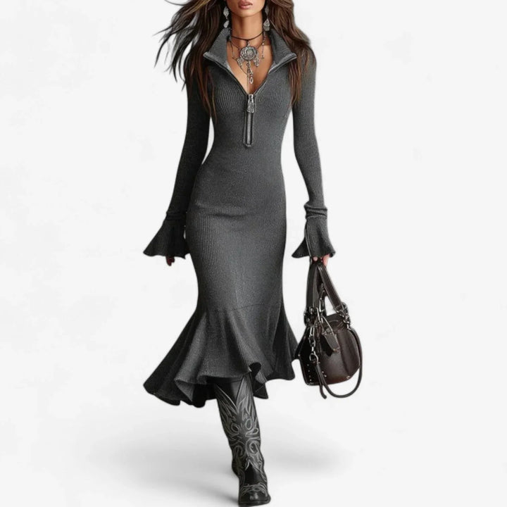 Elegant women's half-zip collared midi dress with chic flared cuffs & ruffle hem, perfect for day to night style.