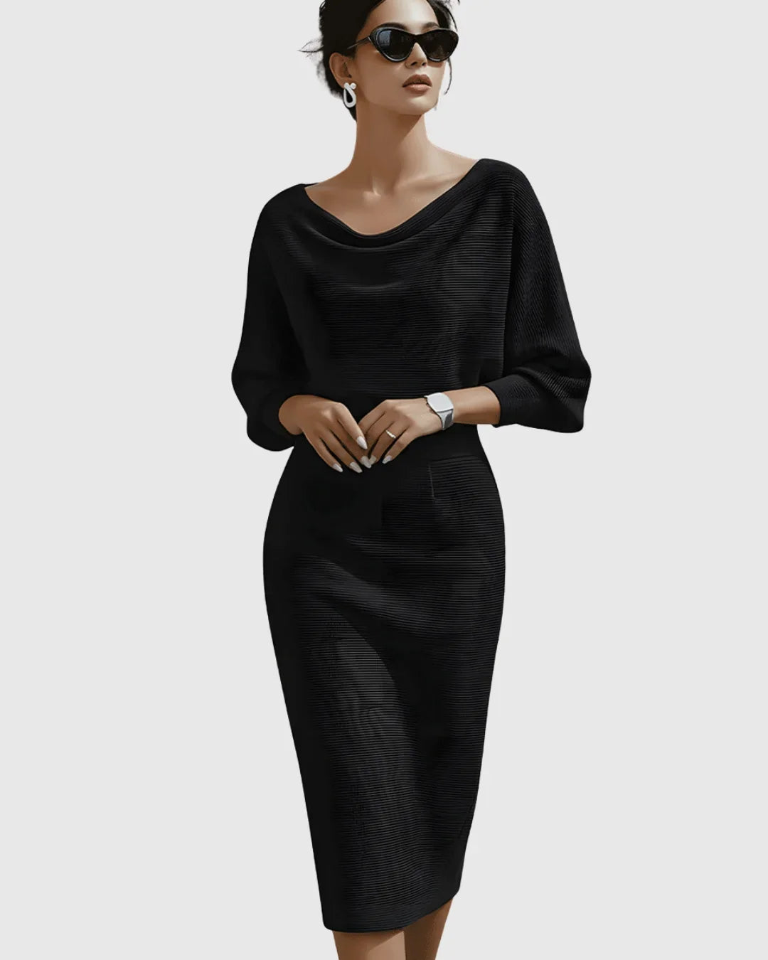 Long-sleeve ribbed midi dress, women's, with elegant cowl neck & comfortable batwing design.