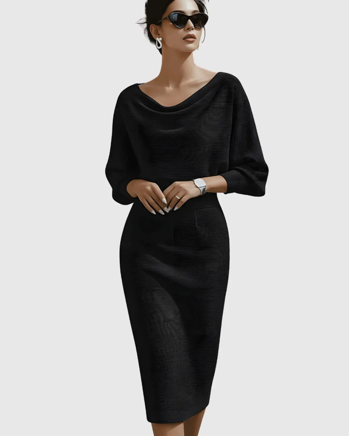 Long-sleeve ribbed midi dress, women's, with elegant cowl neck & comfortable batwing design.