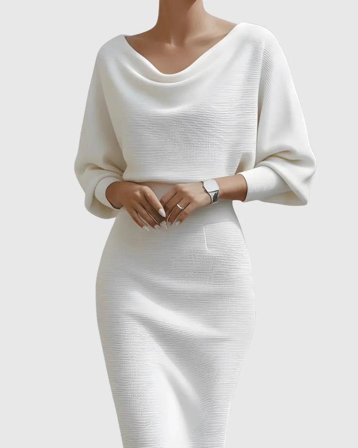 Women's stylish ribbed midi dress with a graceful cowl neck and loose batwing sleeves.