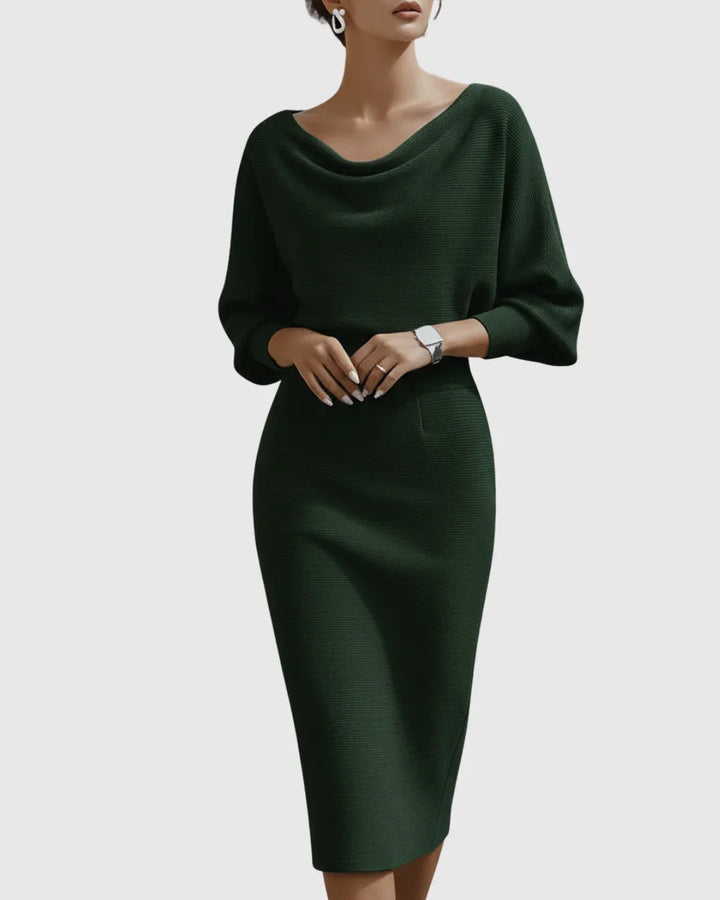 Elegant women's ribbed midi dress with a chic cowl-neck and stylish batwing sleeves.