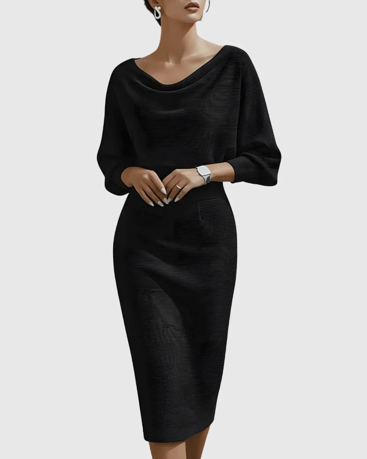 Women's ribbed midi dress with cowl neck & batwing sleeves. Elegant fall fashion.