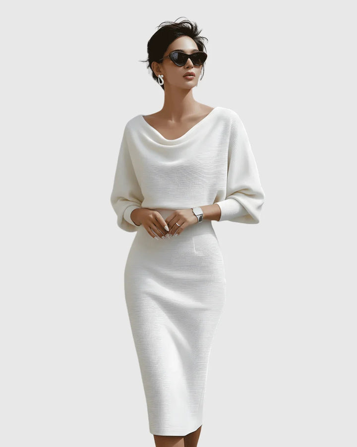 Elegant & comfortable women's ribbed midi dress, featuring a sophisticated cowl neck & batwing sleeves.