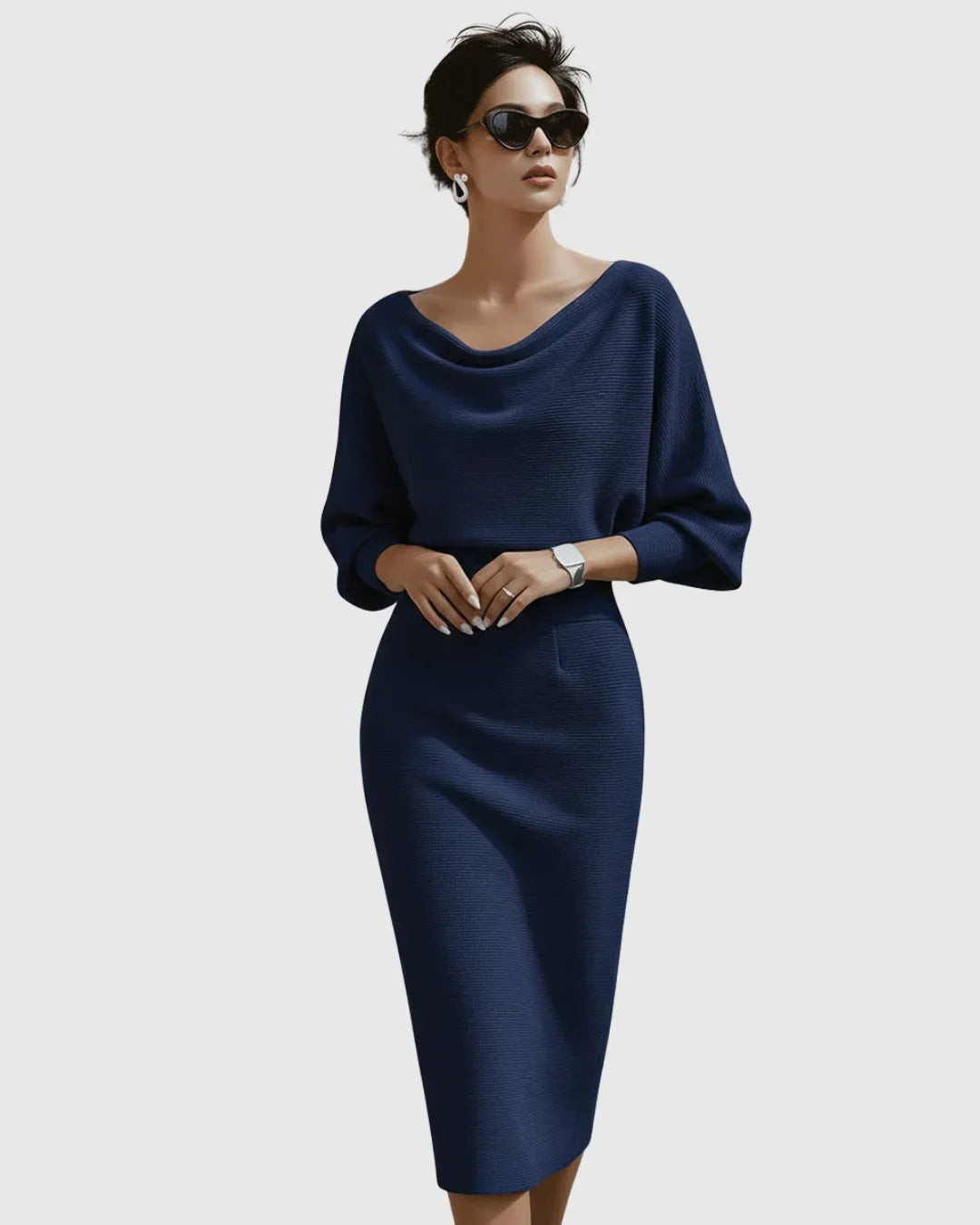 Textured ribbed midi dress for women, featuring a flattering cowl-neck & elegant batwing sleeves.
