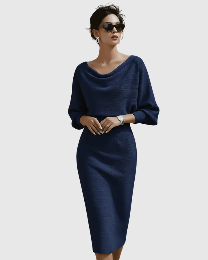 Textured ribbed midi dress for women, featuring a flattering cowl-neck & elegant batwing sleeves.