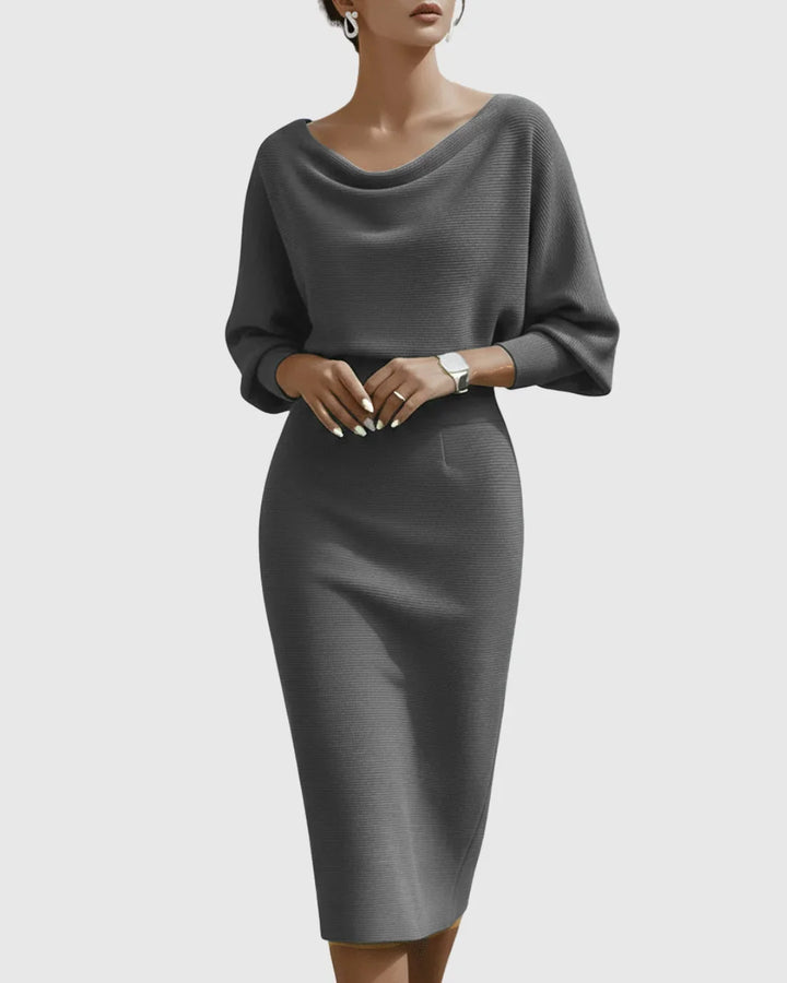 Comfortable women's ribbed midi dress, cowl neck, batwing sleeves. Flattering & sophisticated.