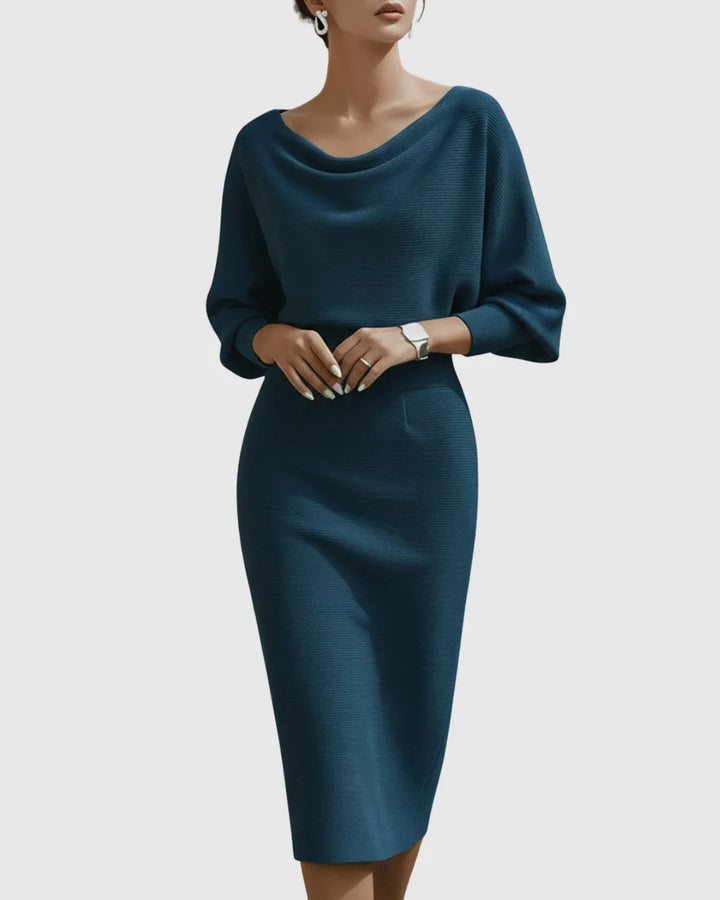 Sophisticated women's ribbed midi dress, perfect for occasion wear, featuring cowl-neck & batwing sleeves.