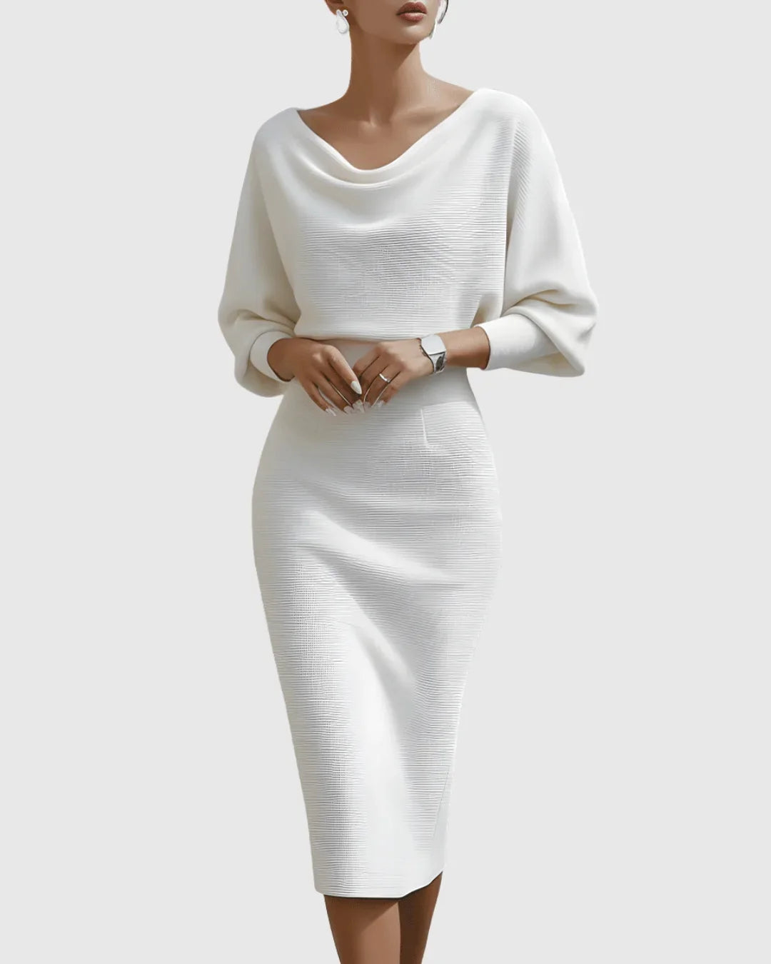 Fall fashion women's ribbed midi dress with a cozy cowl neck & comfortable batwing sleeves.