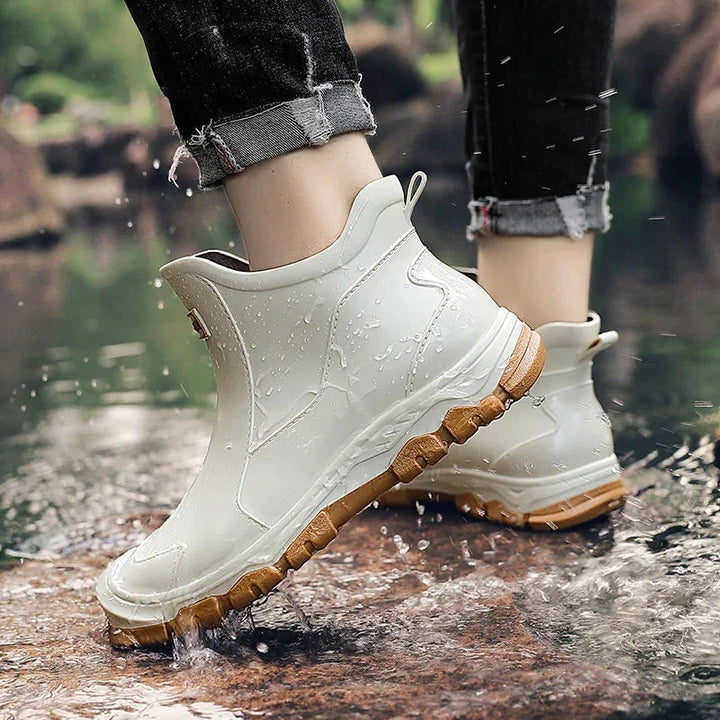 Stylish women's ankle rain boots, waterproof and rugged. Features an excellent slip-resistant utility sole.