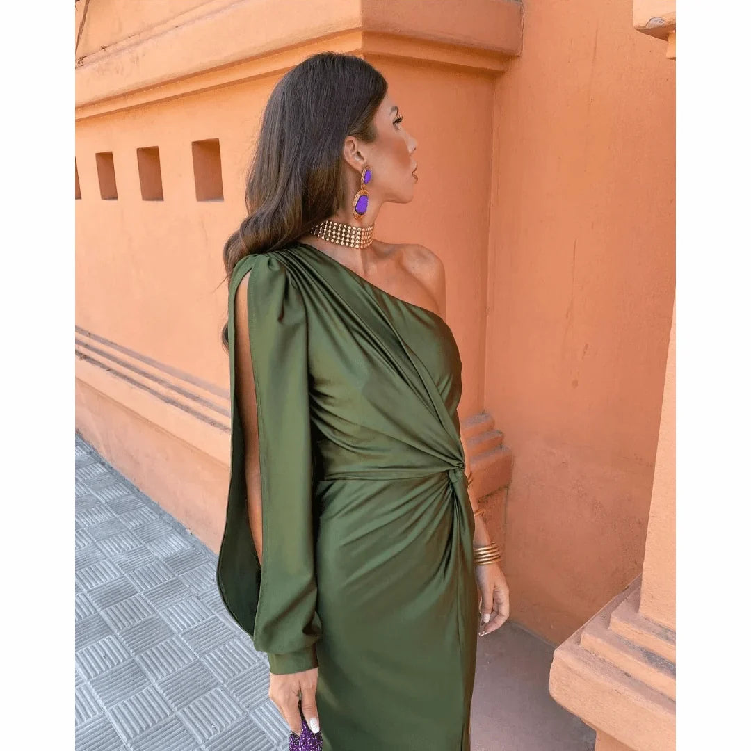Women's olive green long-sleeve one-shoulder evening gown with a flattering twisted bodice and stylish leg slit.