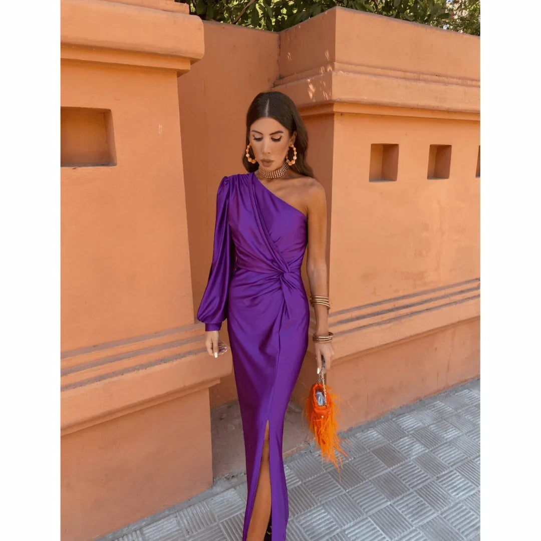 Sophisticated lavender one-shoulder long-sleeve maxi dress for women, featuring a twisted front and chic slit.