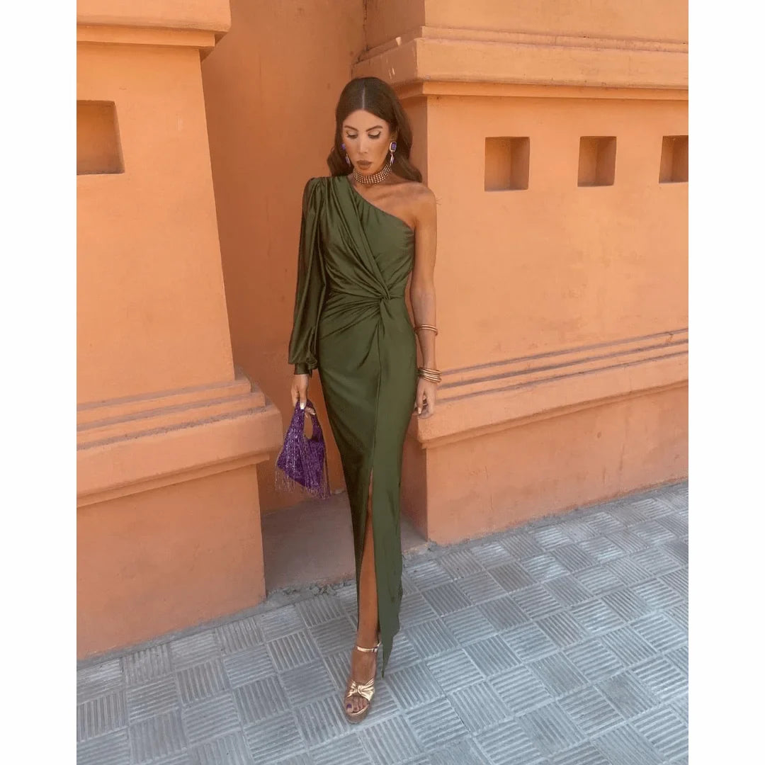 Elegant women's one-shoulder long-sleeve maxi evening dress with twisted front & high slit, perfect for formal occasions.