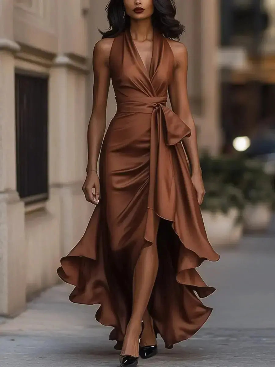 Stunning women's cocktail party dress, high-low cut with halter neckline and elegant bow waist design.