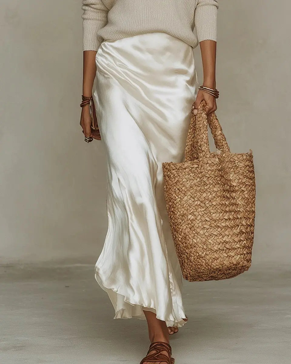 Versatile women's elegant layered midi dress. Satin V-neck slip dress with long-sleeve jumper set for casual or evening.
