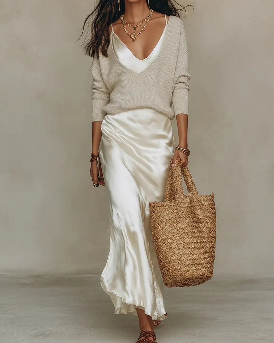 Women's layered satin V-neck midi dress with a long-sleeve jumper, an elegant and versatile outfit for evening.