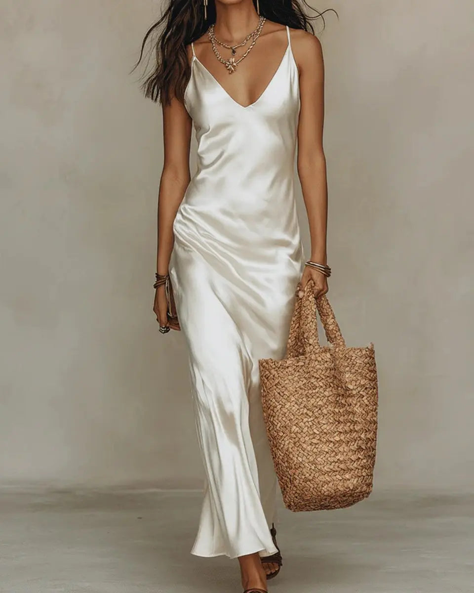 Chic women's versatile layered midi dress set, including a satin slip dress and a long-sleeve jumper for elegance.