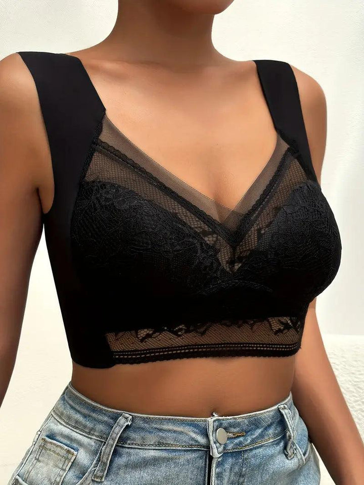 "Women's seamless wire-free bra with elegant lace overlay, full coverage, and invisible design for comfort and sophistication