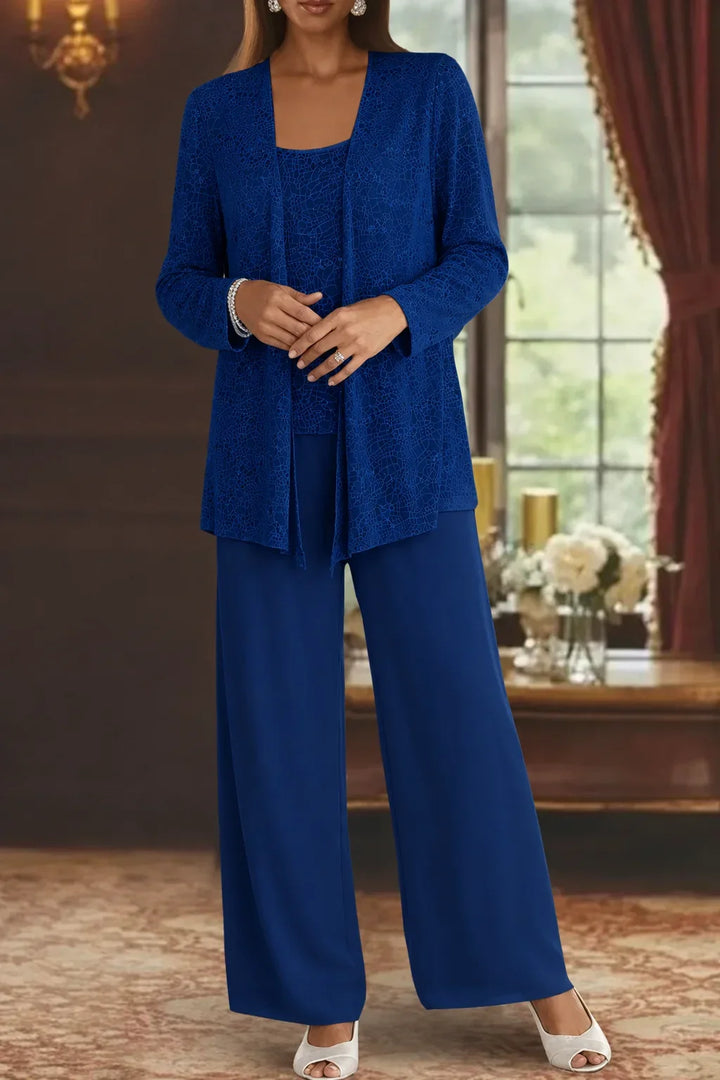 Back view of women's sequin wide leg pant set with jacket, showing flowing silhouette.