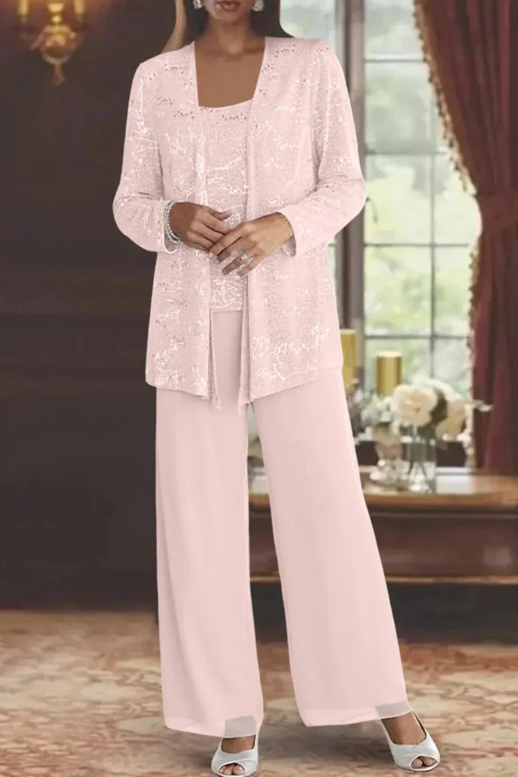 Dazzling women's sequin wide leg pant set & jacket for holiday parties or formal events.