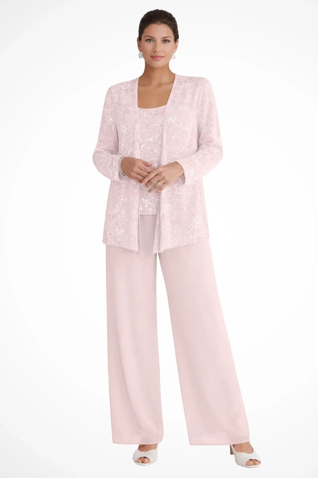Sequin-embellished top from a women's three-piece wide leg pant set with matching jacket.