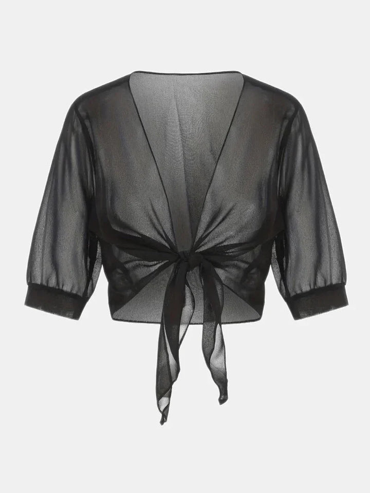 Summer-ready women's sheer tie-front blouse with 3/4 sleeves, great for a relaxed look.