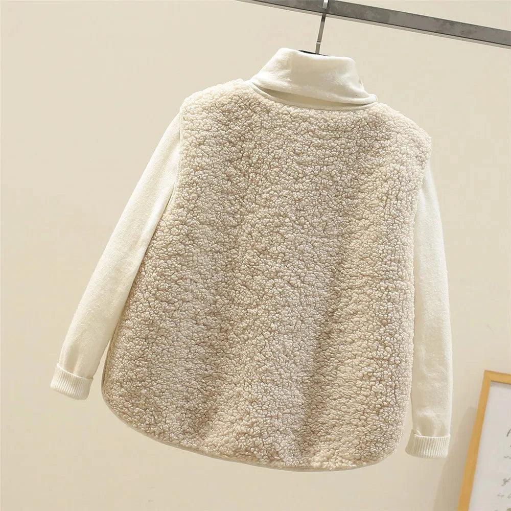Elegant women's beige vest, button-front, v-neck, patch pockets. Ideal for sophisticated autumn style.