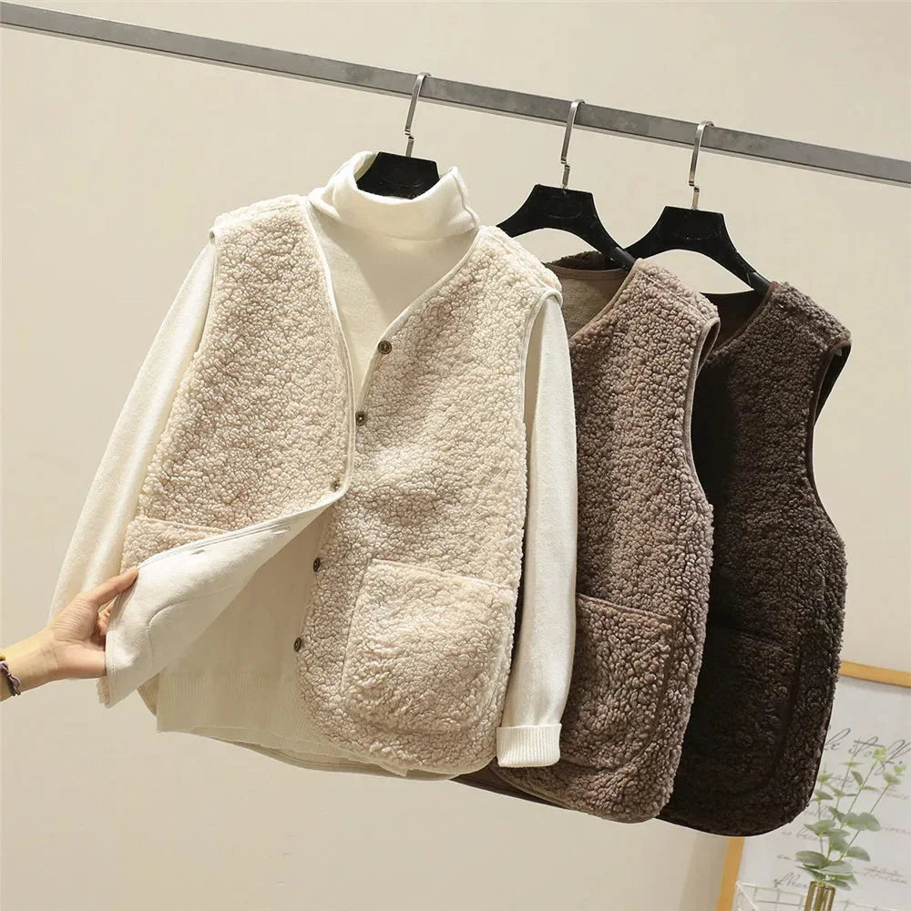 Soft, cozy women's v-neck vest with button-front closure & patch pockets for layering.