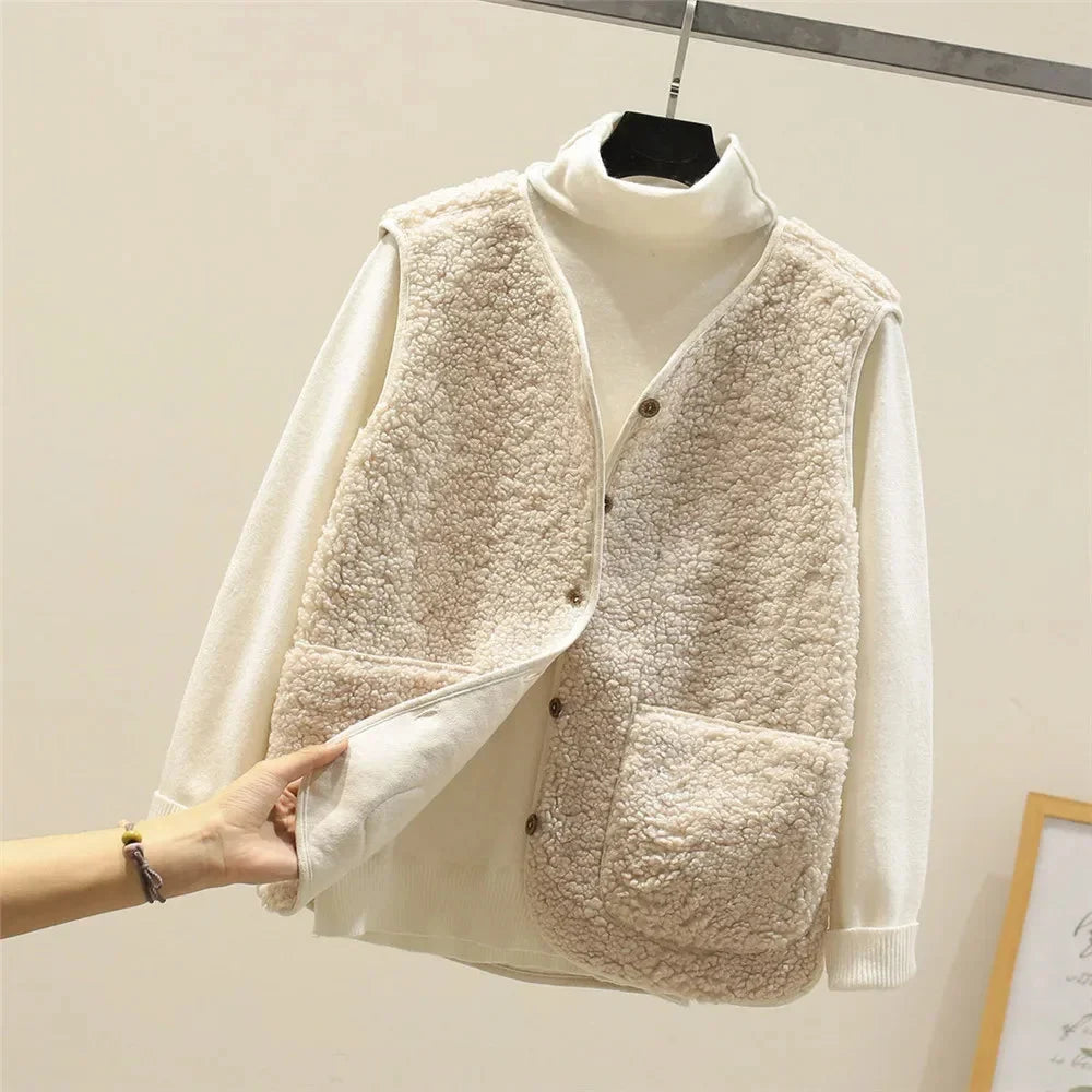 Stylish women's button-front vest, v-neck, cozy, with patch pockets for elegant winter outfits.
