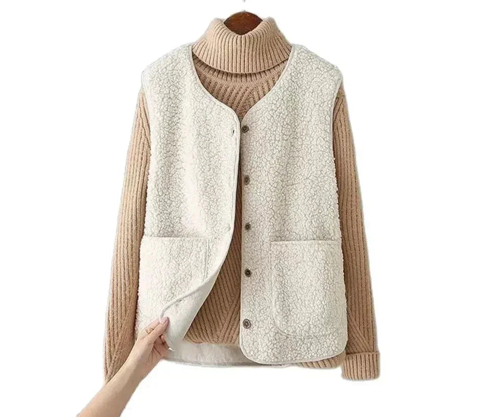 Brown women's cozy vest, button-front, v-neck, patch pockets. Chic winter outerwear.