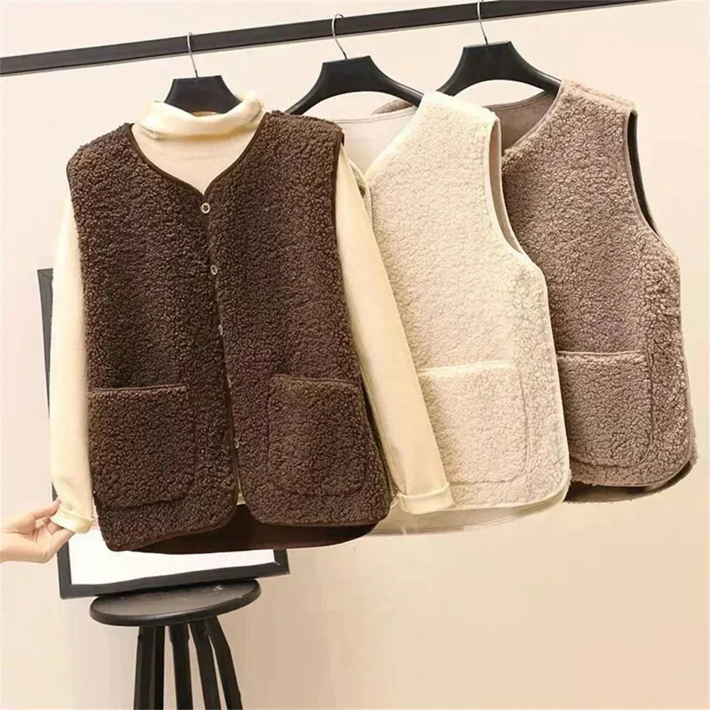 Khaki women's cozy button-front vest, v-neck, patch pockets. Versatile layering top.