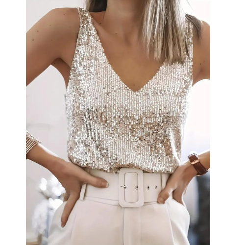 "Women's shimmering sequin V-neck sleeveless blouse, elegant design, perfect for parties or night out, versatile wear."