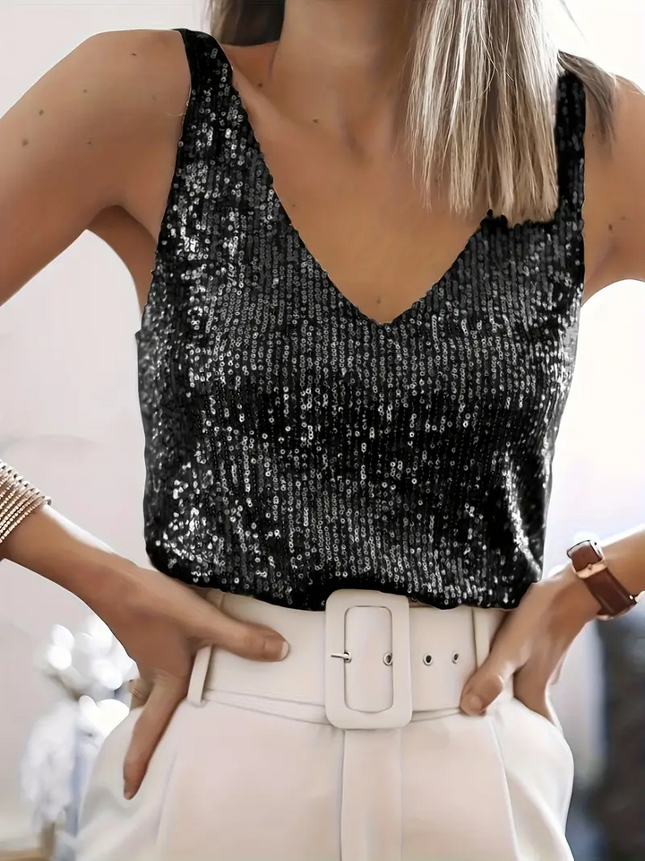 "Women's shimmering sequin V-neck sleeveless blouse, elegant design, perfect for parties or night out, versatile wear."