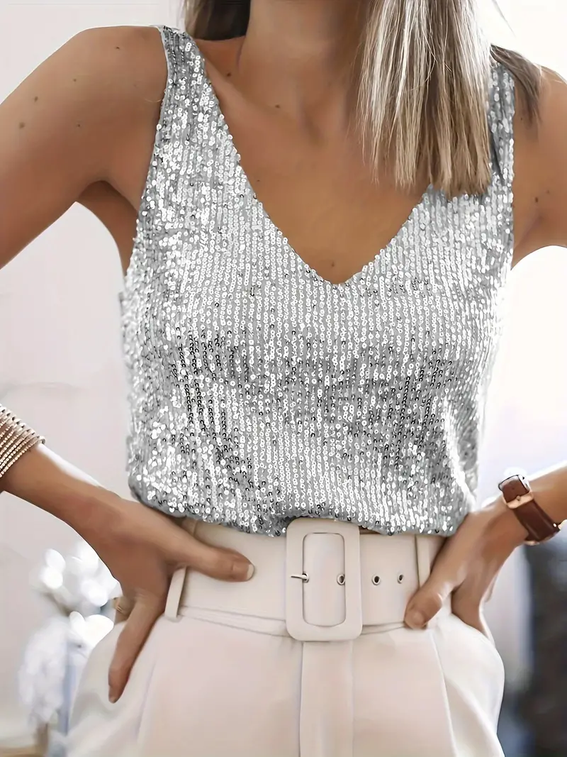 "Women's shimmering sequin V-neck sleeveless blouse, elegant design, perfect for parties or night out, versatile wear."