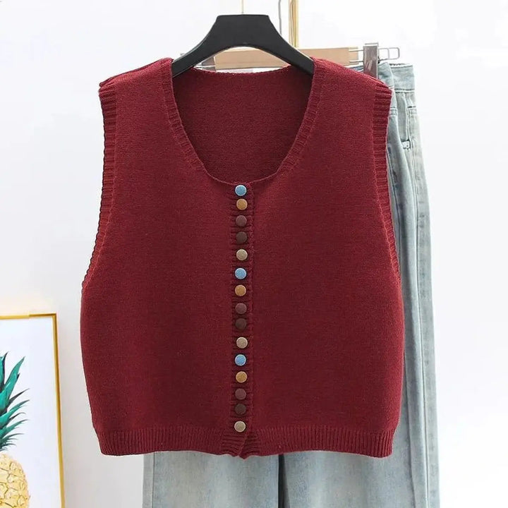 Chic women's round neck vest with colorful buttons, versatile button-front sleeveless layering piece.
