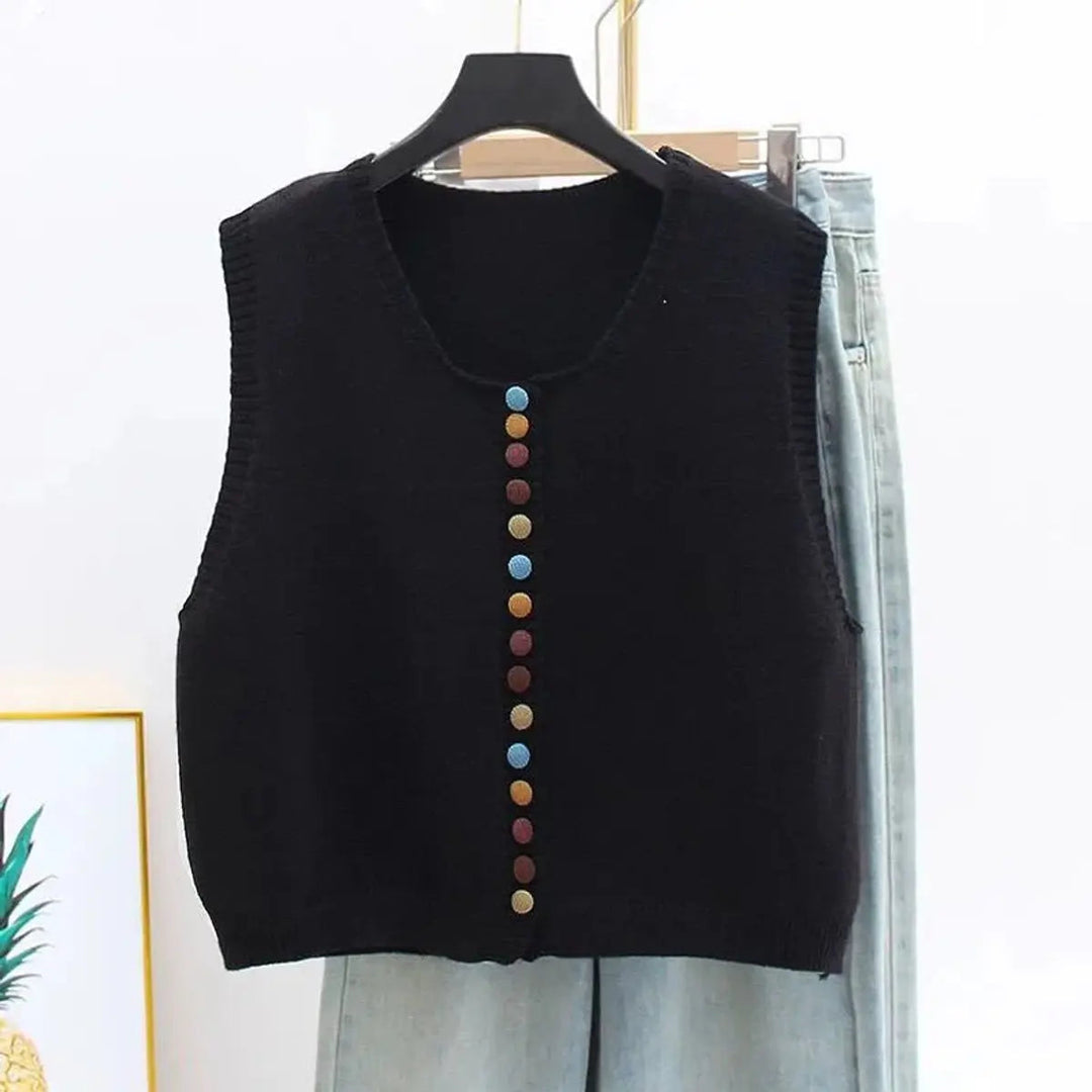 Versatile women's sleeveless vest, button-front design, perfect as a chic cardigan for casual layering.
