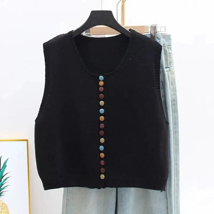 Versatile women's sleeveless vest, button-front design, perfect as a chic cardigan for casual layering.