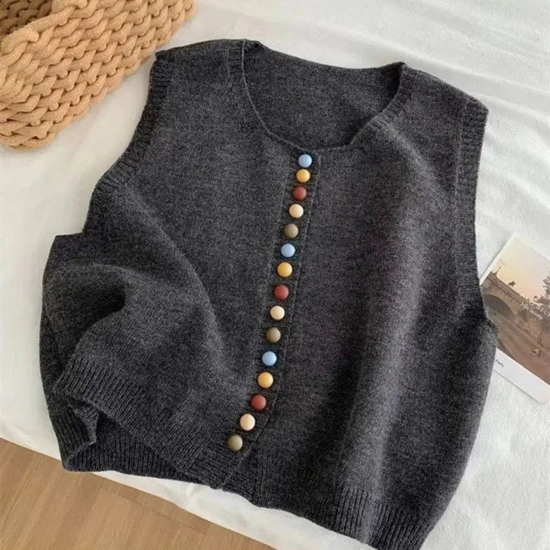 Women's colorful button-front vest, round neck & sleeveless, a versatile casual layering wardrobe staple.